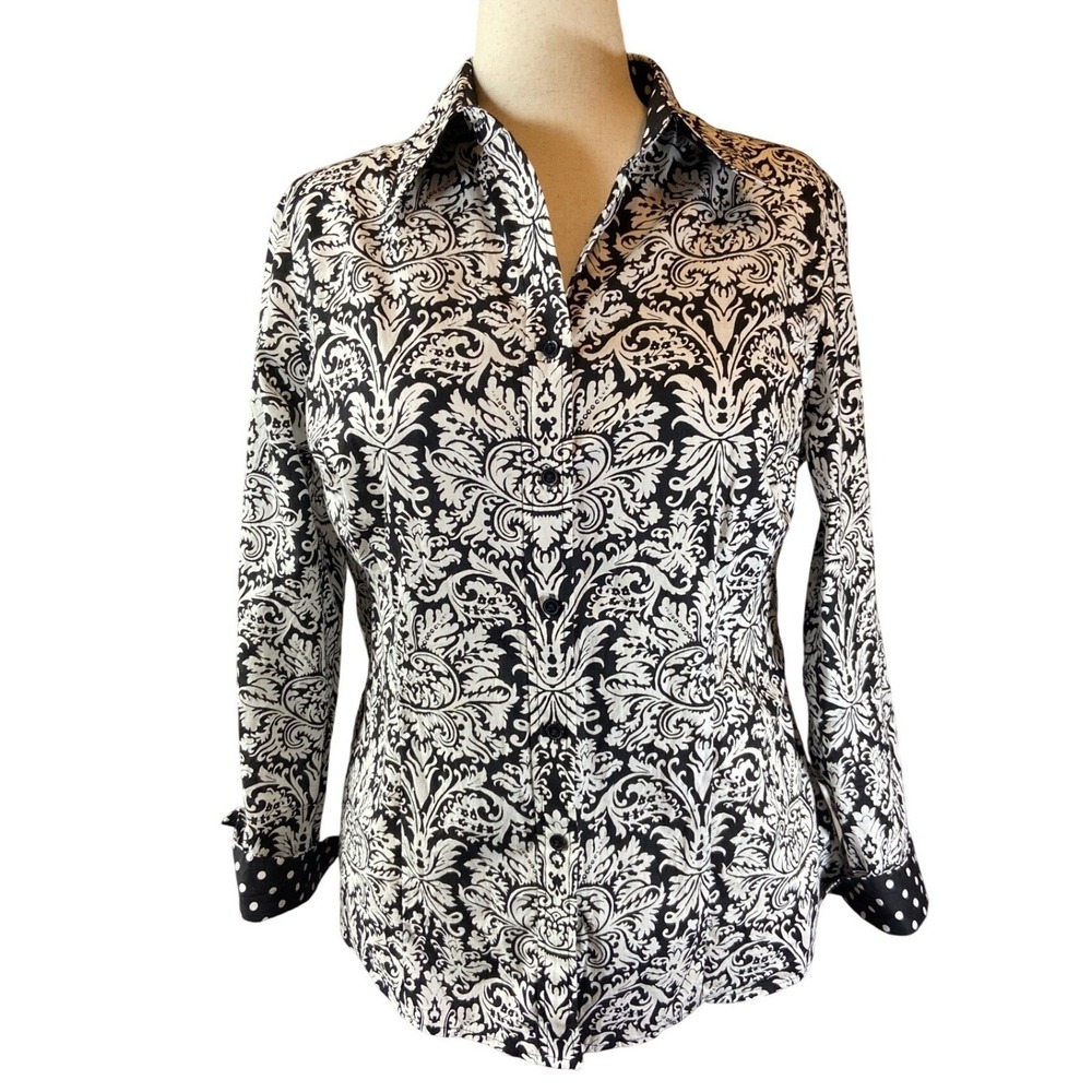 Jones New York‎ Button up Black & White Damask 100% Cotton Size 1X